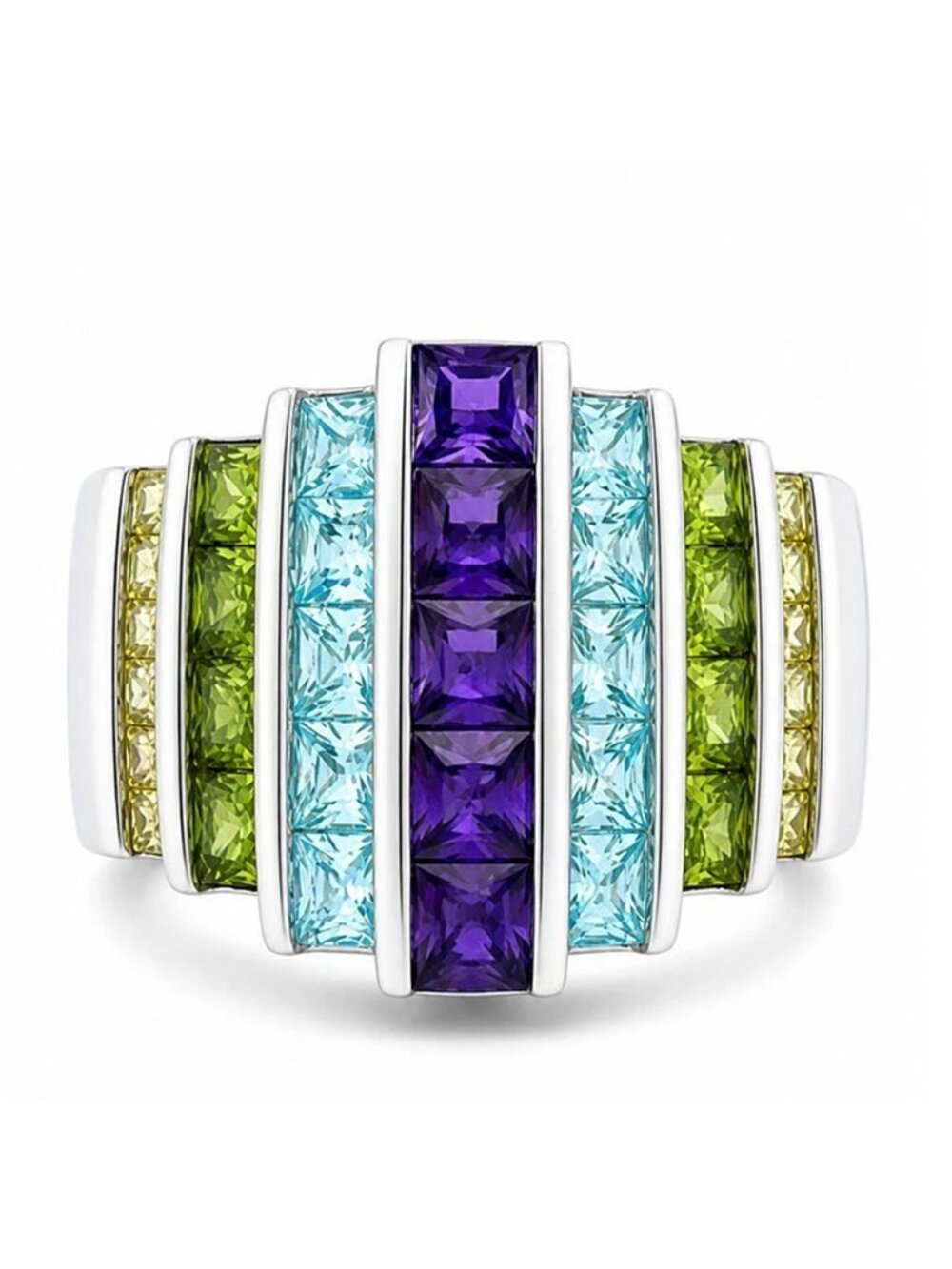 Genuine Amethyst, Blue Topaz, Peridot & Citrine Ring Solid .925 Sterling Silver